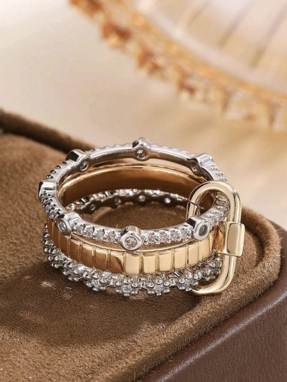 💛🩶NEW💛🩶PRETTY!! Two-Tone Gold and Silver Pave CZ Carabiner Stackable Ring